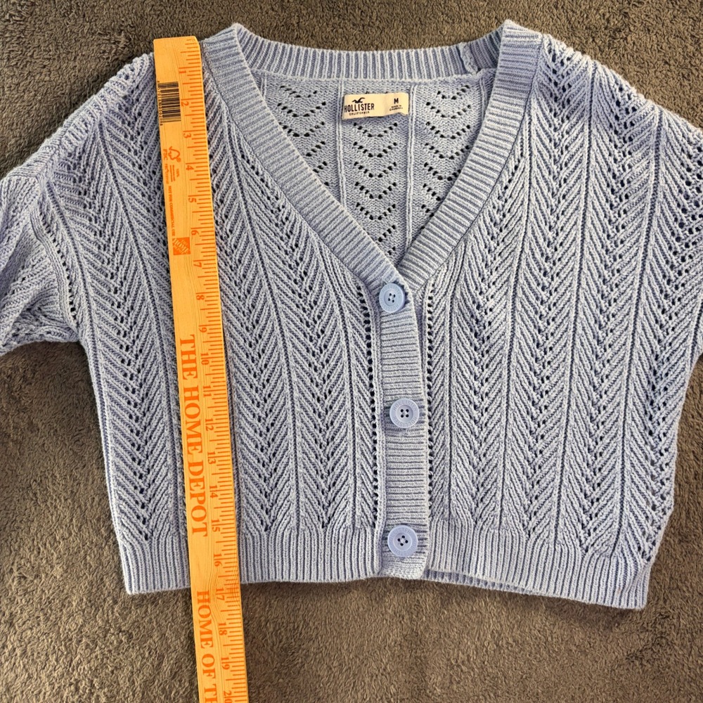 Hollister Womens Cropped Pointelle Knit Cardigan Sweater Blue V-Neck Medium - Picture 8 of 8